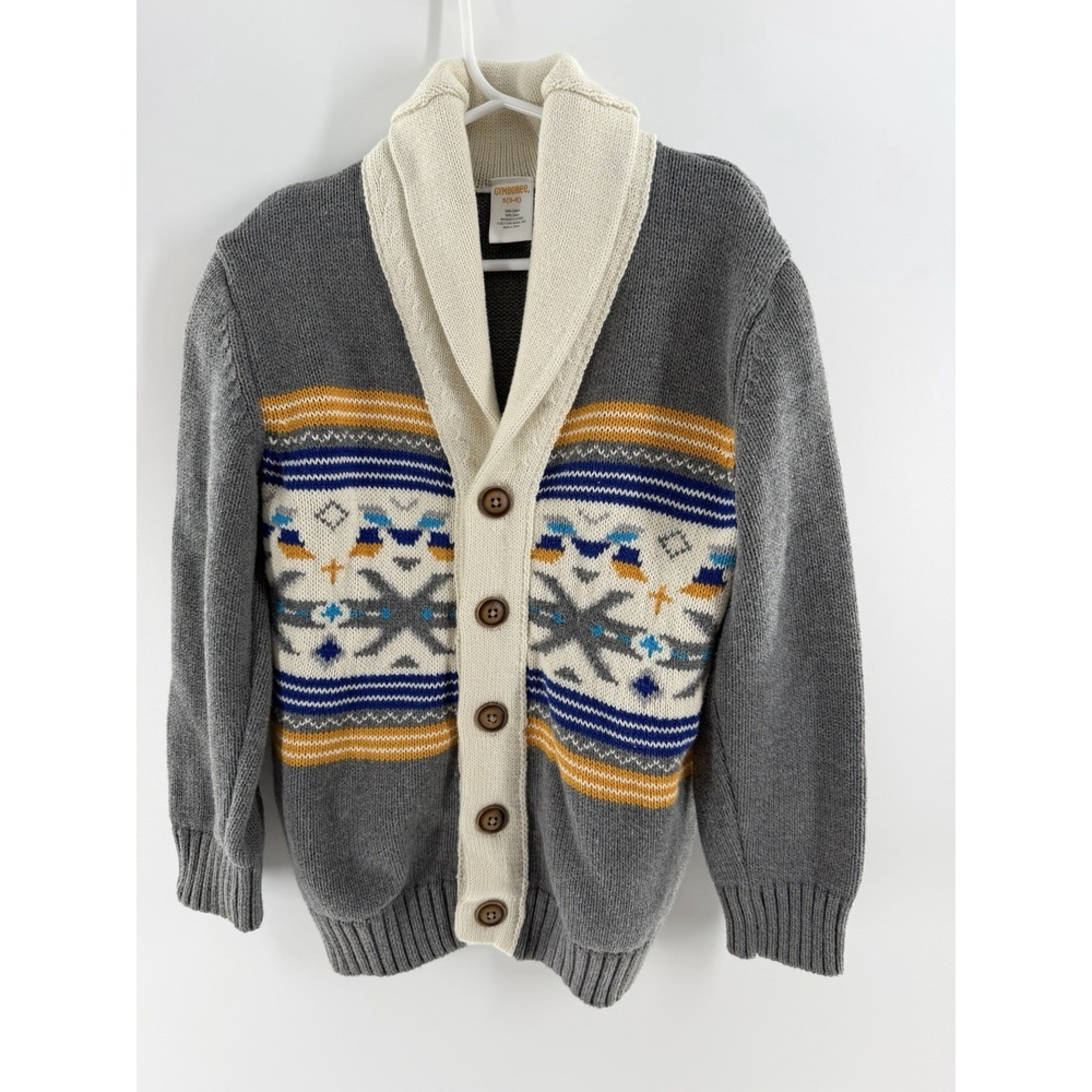 Gymboree Boys Sweater Size S 5/6 Gray Aztec Fair Isle Knit Shawl Collar Cardigan